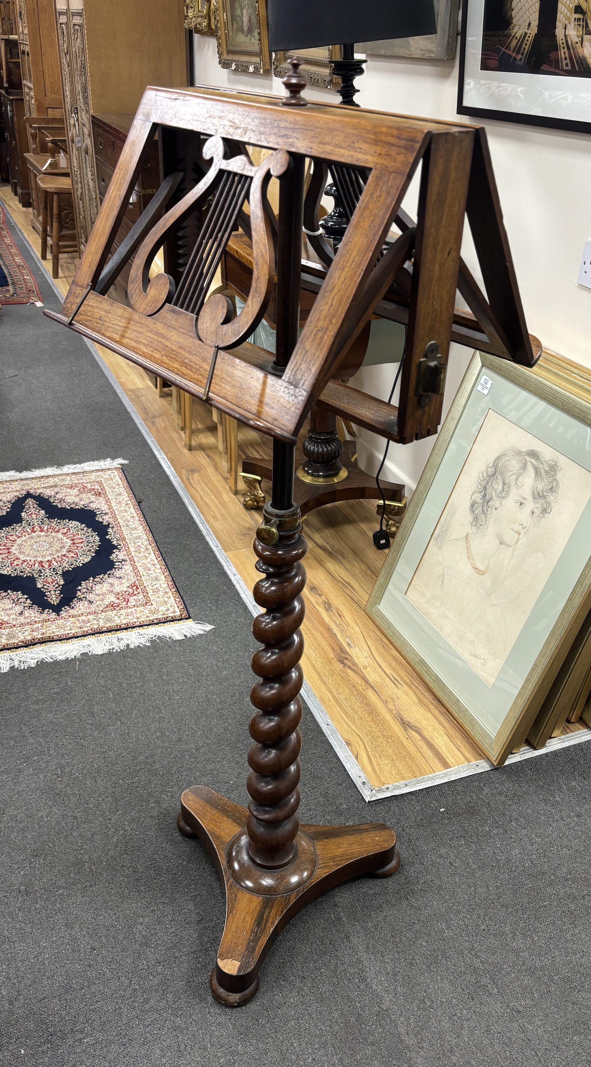 A Victorian rosewood telescopic duet music stand, width 44cm